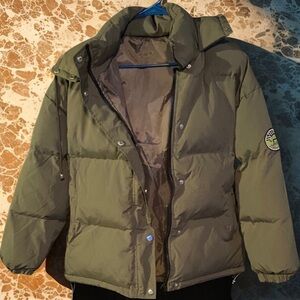 Olive Puffer Jacket with Hood and Logo Patch | Loxcavin LIKE NEW